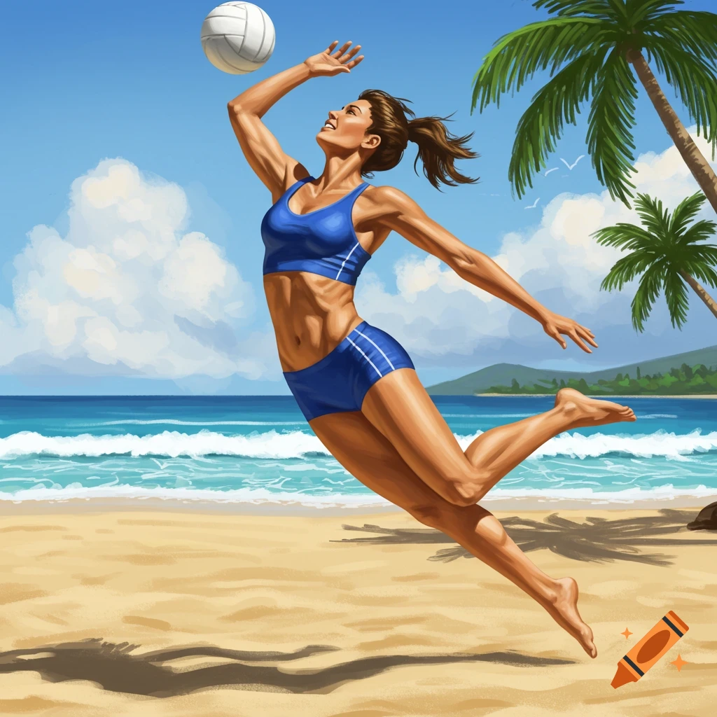A woman in a blue sports uniform jumps to hit a volleyball on a sunny beach, with the ocean and palm trees in the background.