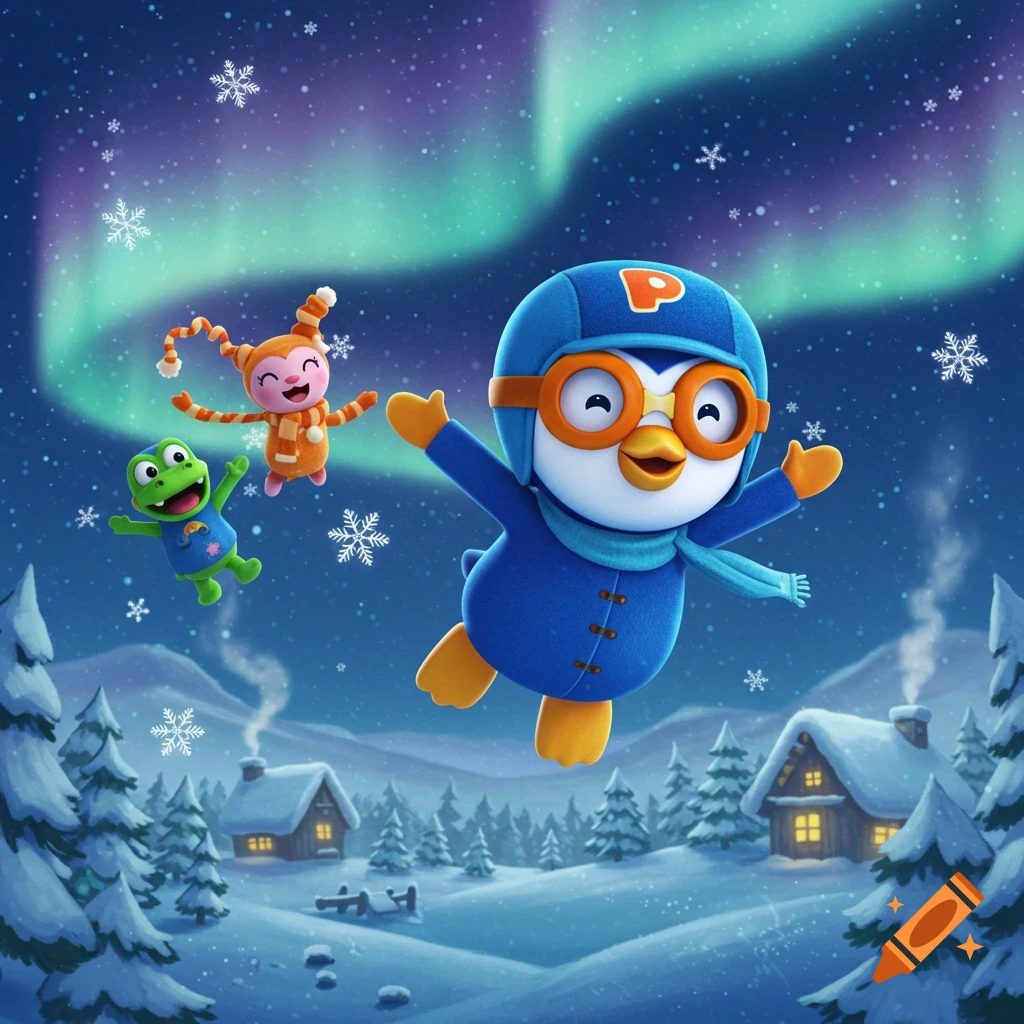 A cartoon penguin with a 'P' on his helmet, an orange fox, and a green frog fly over a snowy village under the aurora borealis.