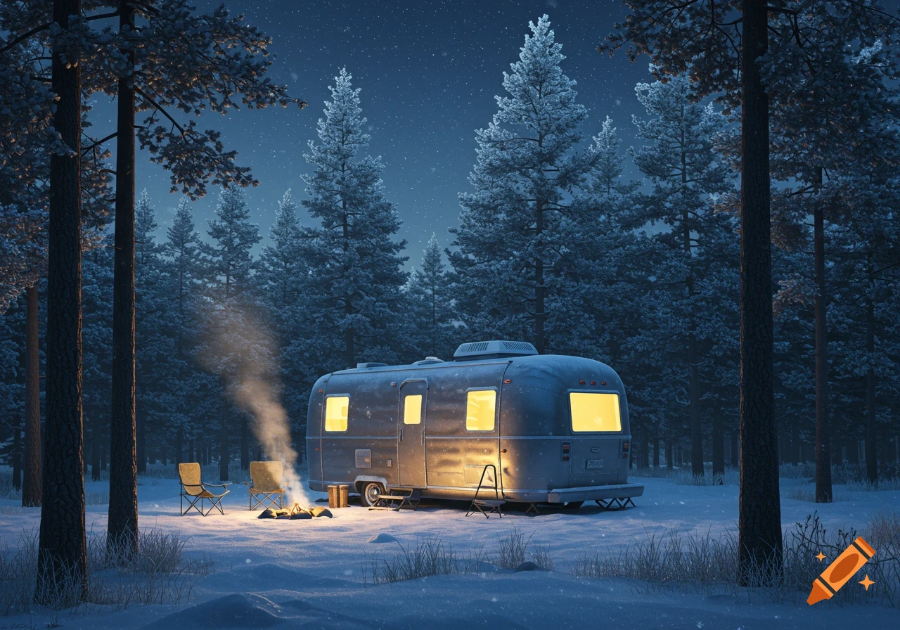 An RV and campfire in a snowy forest at night under a starry sky.