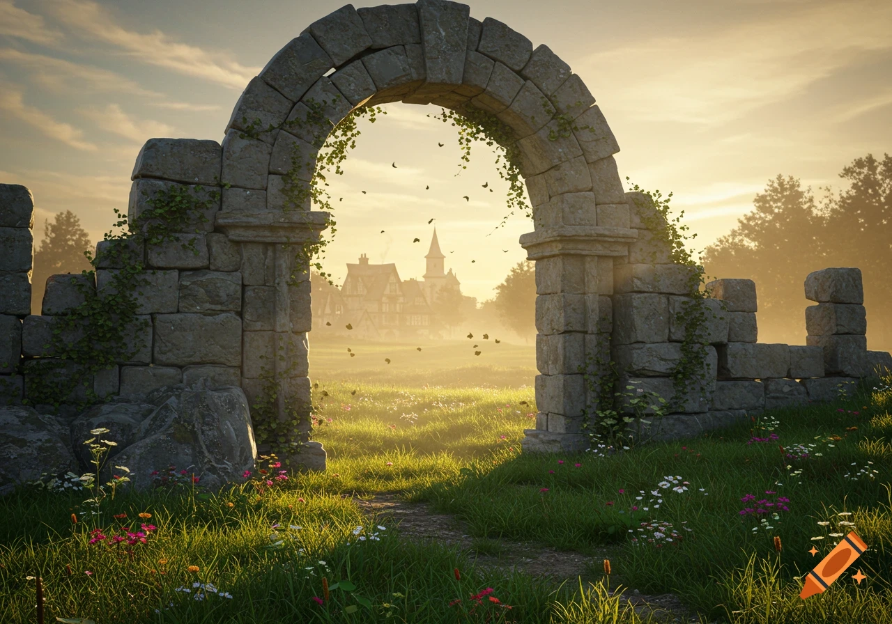 A stone archway ruin stands in a sunny, grassy field with a path leading to a distant house at sunset.