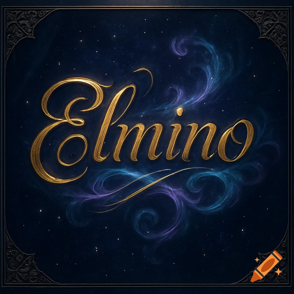 Golden script word 'Elmino' against a dark blue, starry background with wisps of purple and blue nebula, framed by an elegant border.