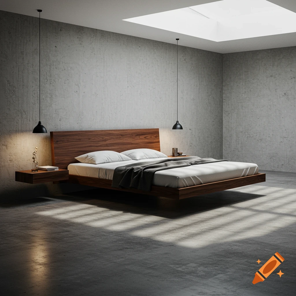 Photorealistic image of a minimalist bedroom with a floating wooden bed frame, concrete walls, and light from a skylight.