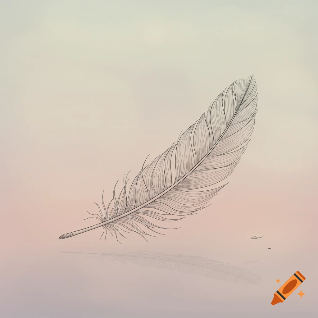 A detailed line drawing of a single feather floating over a soft gradient background.