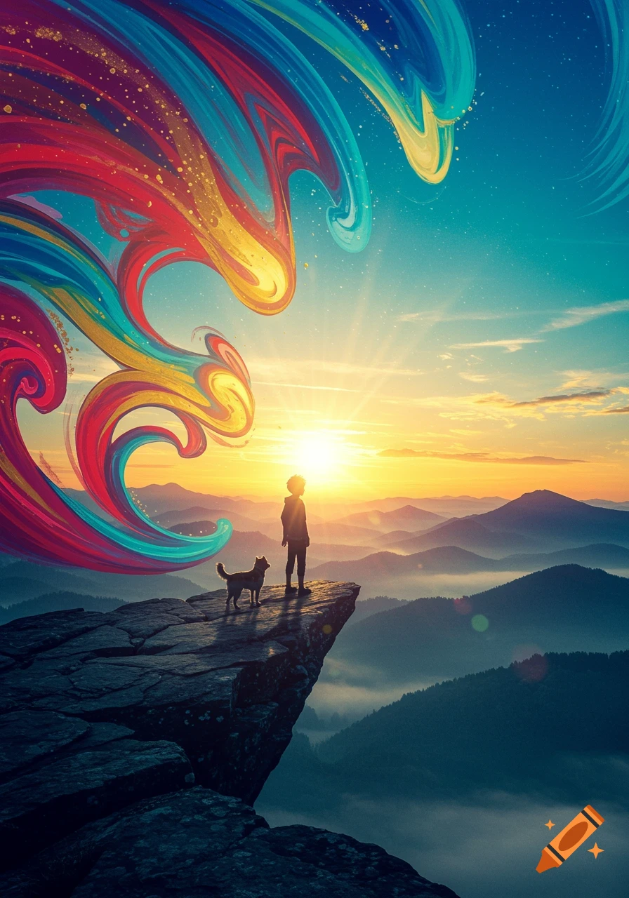 A person and a dog stand on a cliff edge at sunrise, with vibrant abstract swirls in the sky and mountains below. Surreal style.