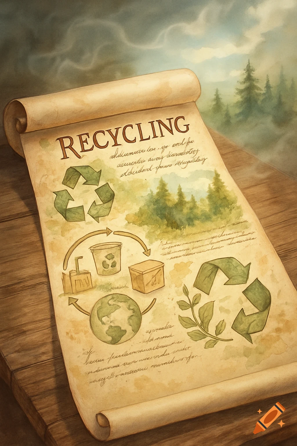 Watercolor illustration of a scroll titled 'RECYCLING' with symbols for recycling, a global earth, and green foliage, on a wooden surface.