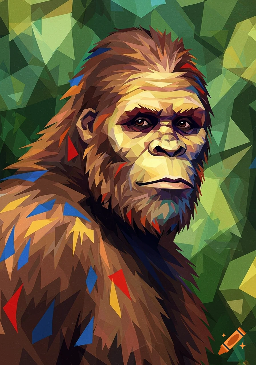 A cubist portrait of Bigfoot with geometric shapes in brown, orange, blue, and red against a green background.
