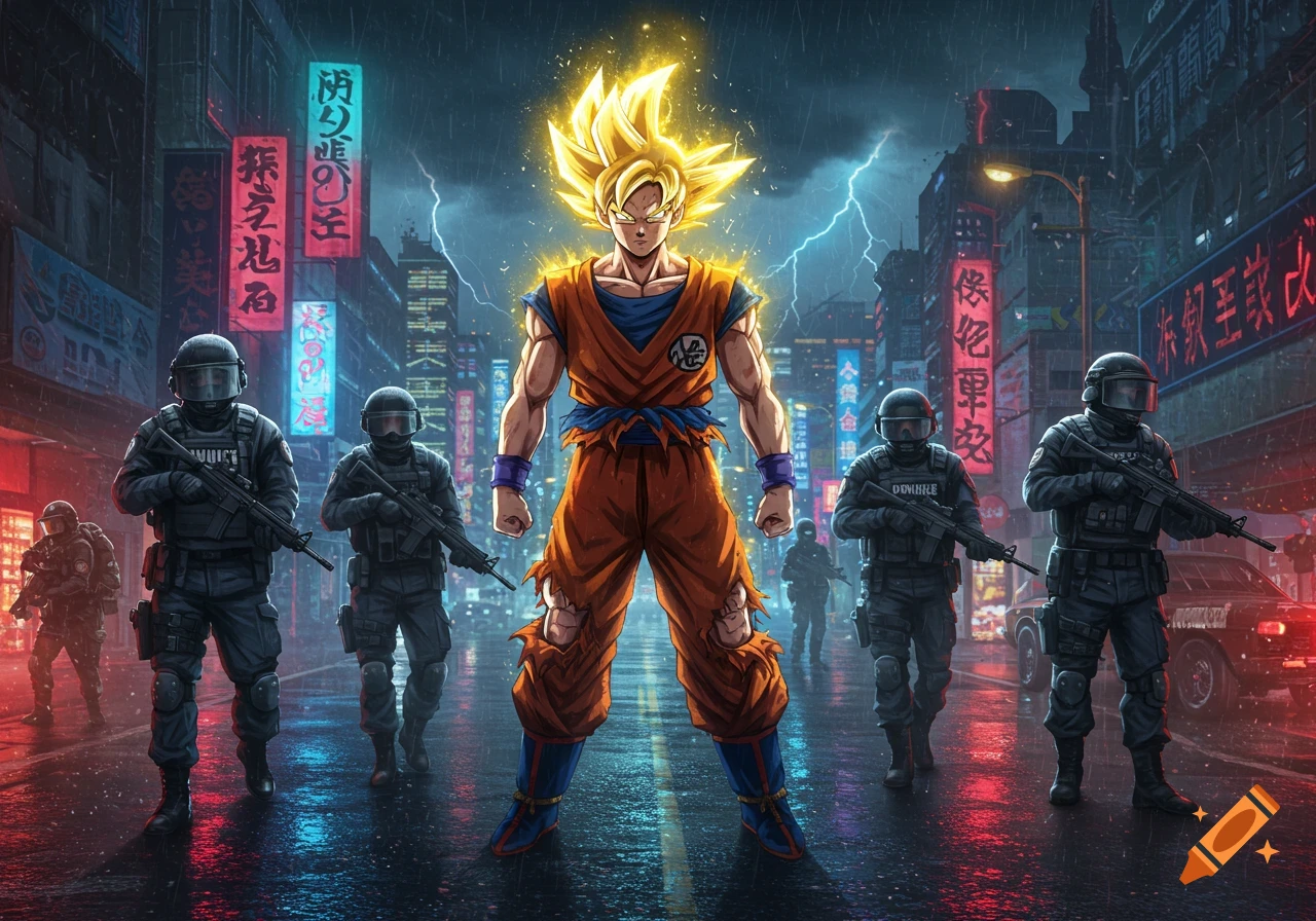 Super Saiyan Goku faces a SWAT team in a neon-lit, rainy cyberpunk city street, in an anime art style.