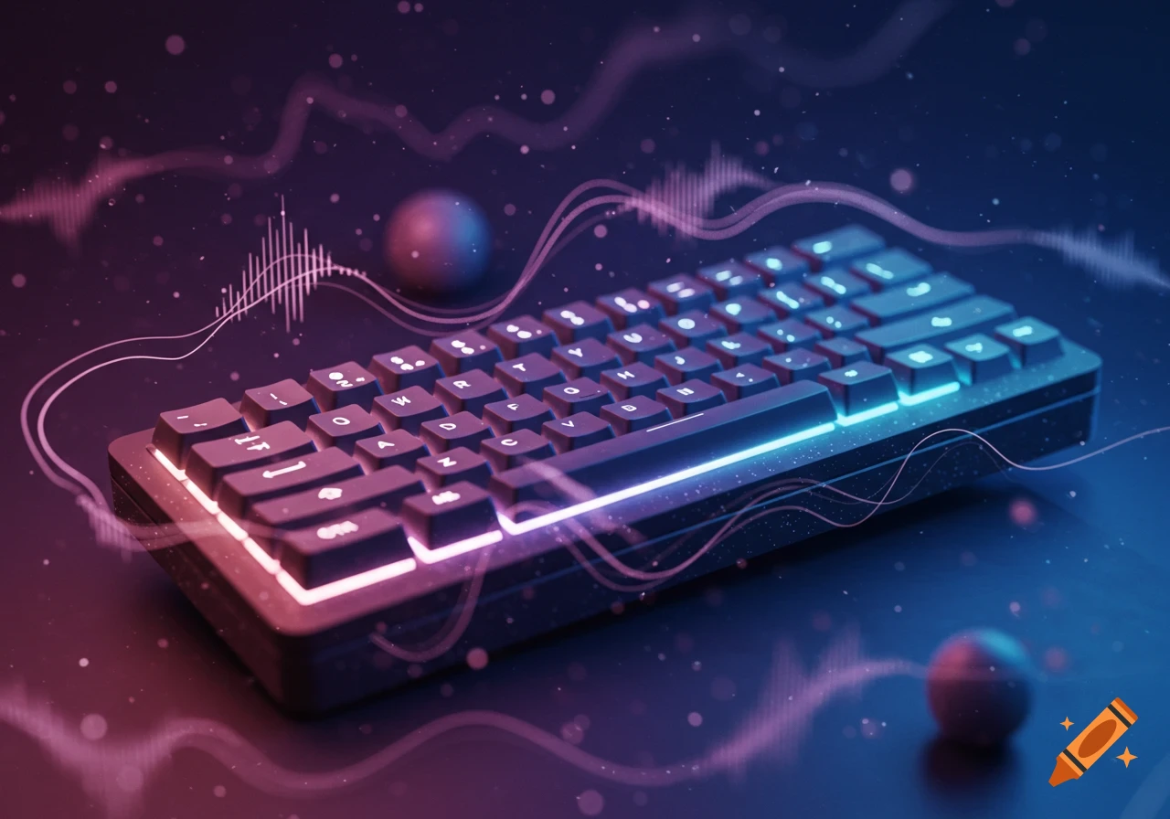 A glowing mechanical keyboard with purple and blue lights, surrounded by abstract sound wave patterns and particles, set against a dark background.