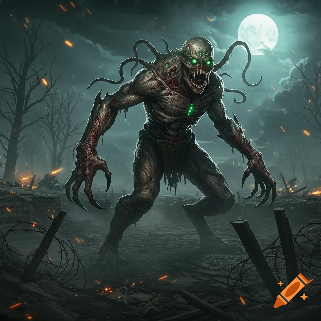 A grotesque, multi-eyed monster with glowing green eyes and exposed flesh stands in a dark, moonlit battlefield with trenches and barbed wire.