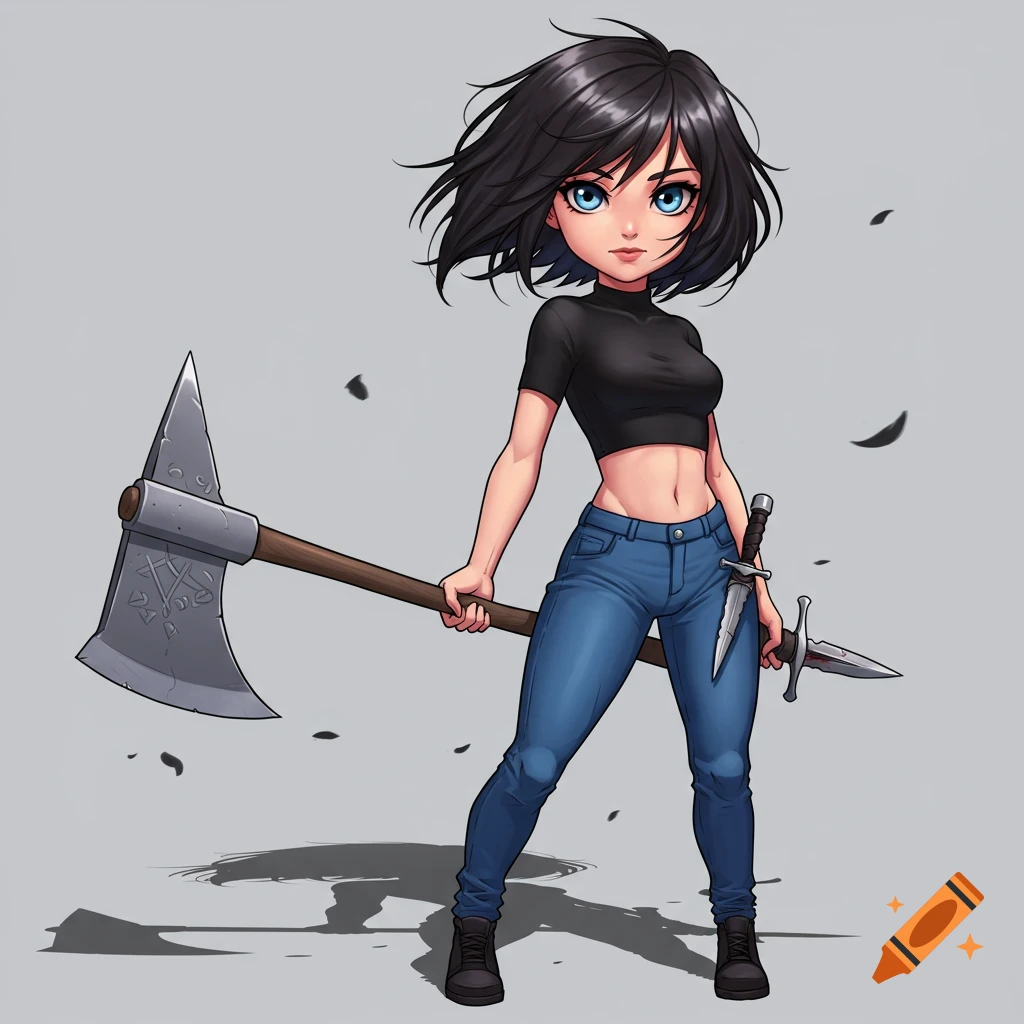 An anime girl with short dark hair and blue eyes, wearing a black crop top and blue jeans, wielding a large axe and holding a dagger.