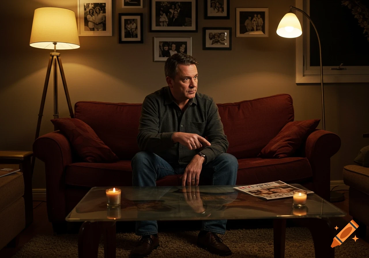 A middle-aged man sits on a red couch in a dimly lit living room, pointing towards a glass coffee table with lit candles and a magazine.