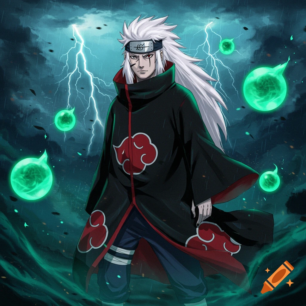 Anime character with white hair wearing a black Akatsuki cloak, standing in a stormy environment with lightning and green energy orbs.
