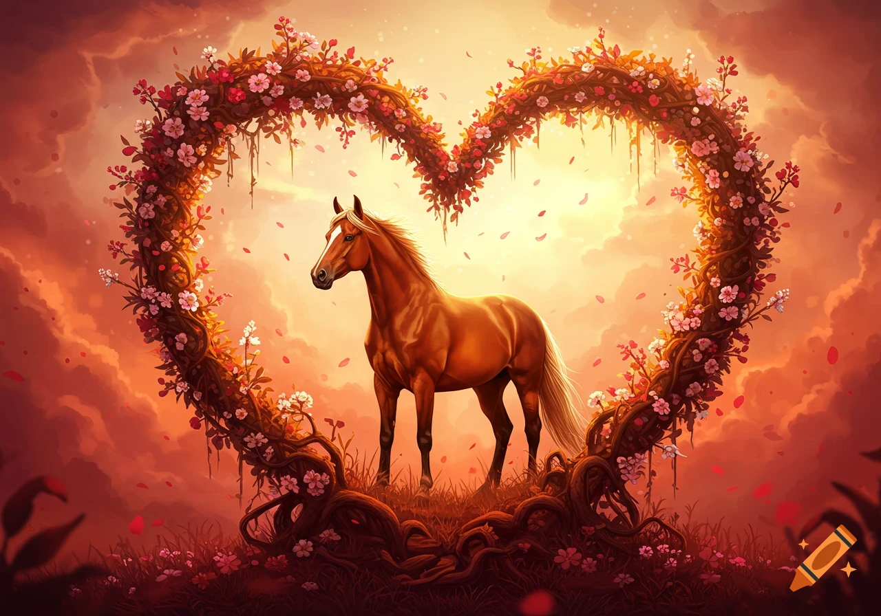 A majestic brown horse stands within a glowing heart-shaped vine with flowers, against a vibrant sunset sky.