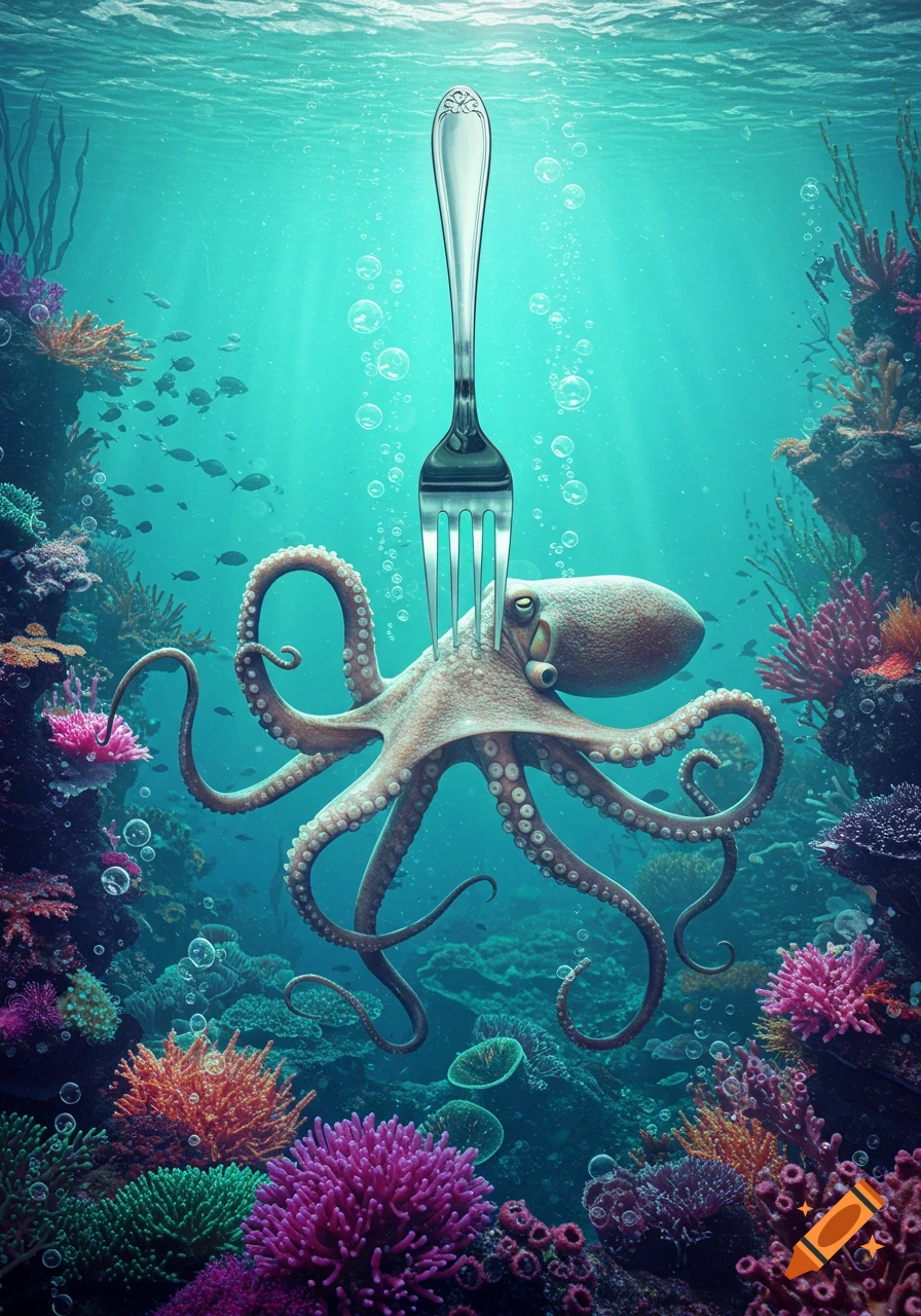 A surreal image of an octopus with a silver fork as its head, swimming amidst colorful coral reefs in a clear blue ocean.