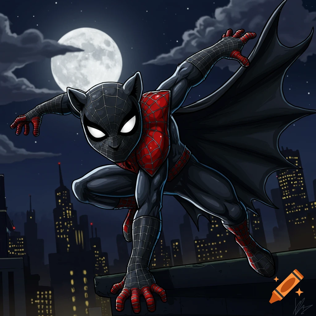 Cartoon character with a black and red spider-suit, cat ears, and bat wings perches on a rooftop at night with a full moon.