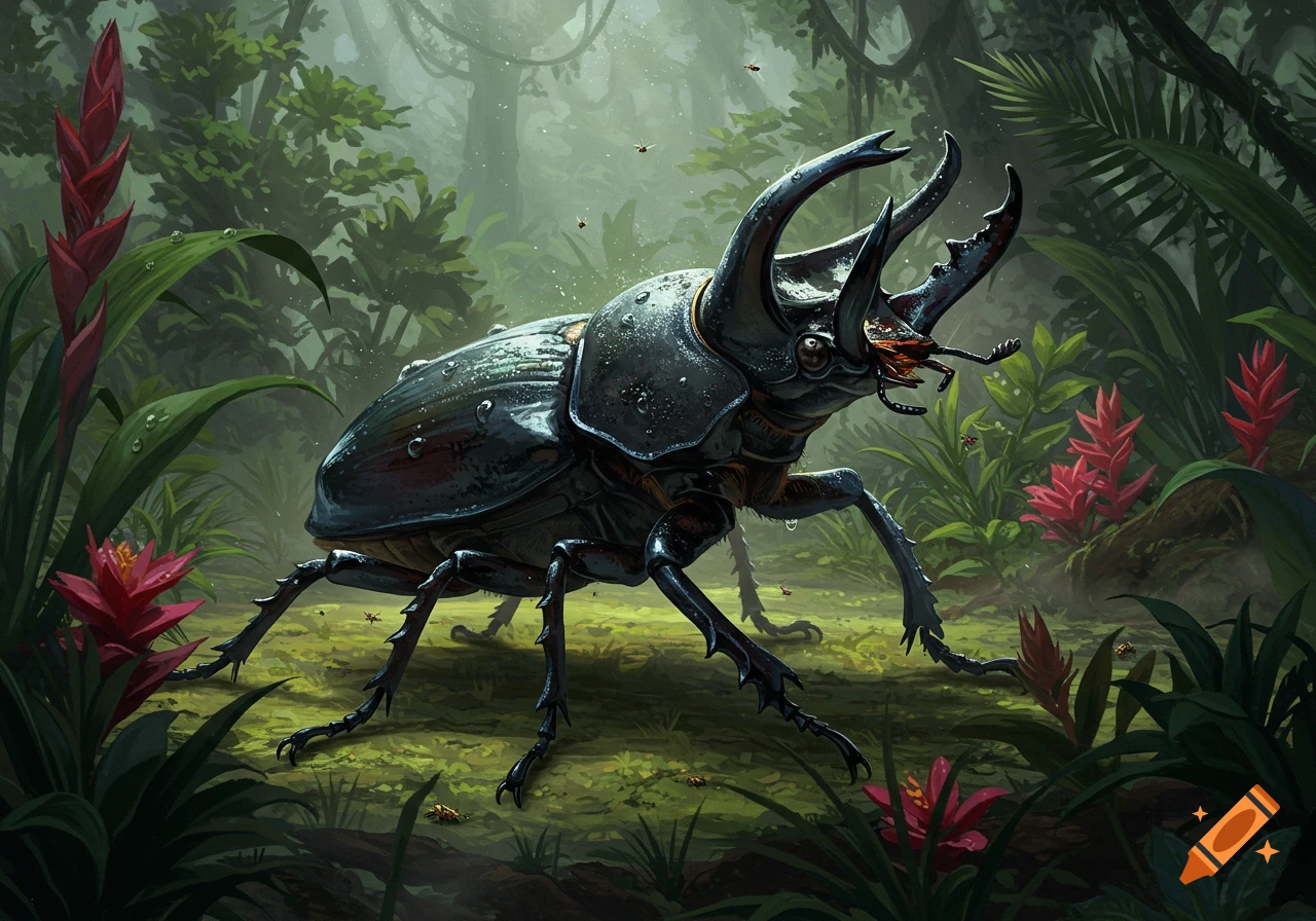A large dark beetle with horns, covered in dew drops, stands in a lush green jungle with red flowers, digital painting.