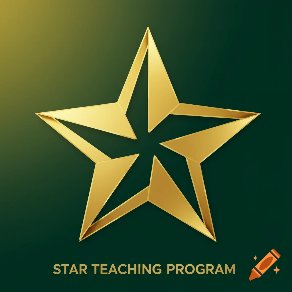 A golden, multi-faceted star icon against a dark green background, with the text 'STAR TEACHING PROGRAM' below it.