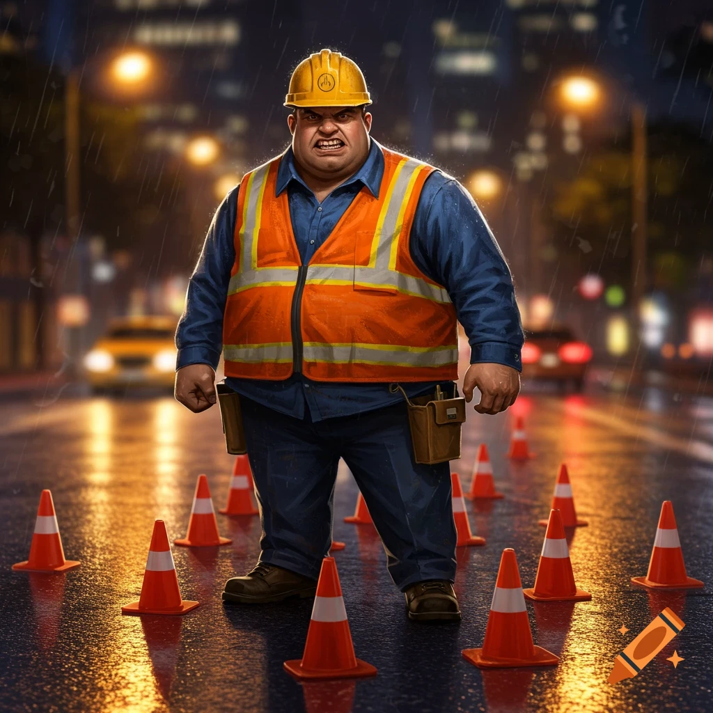 An angry, heavyset construction worker in a yellow hard hat and orange safety vest stands defensively among traffic cones on a wet, rainy city street at night, in an illustrative style.