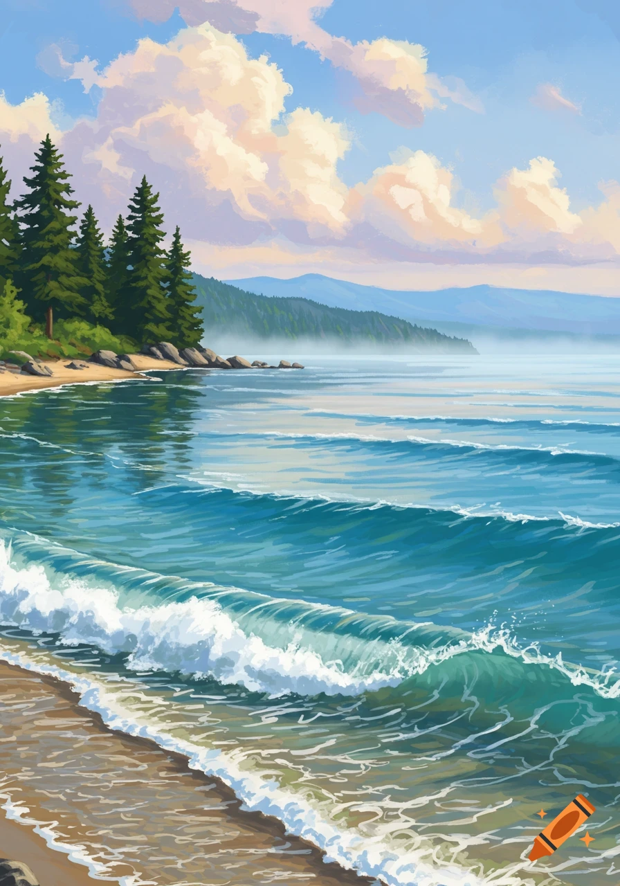 A vibrant painting of waves breaking on a sandy beach next to a pine forest, with a large lake and mountains under a cloudy sky.