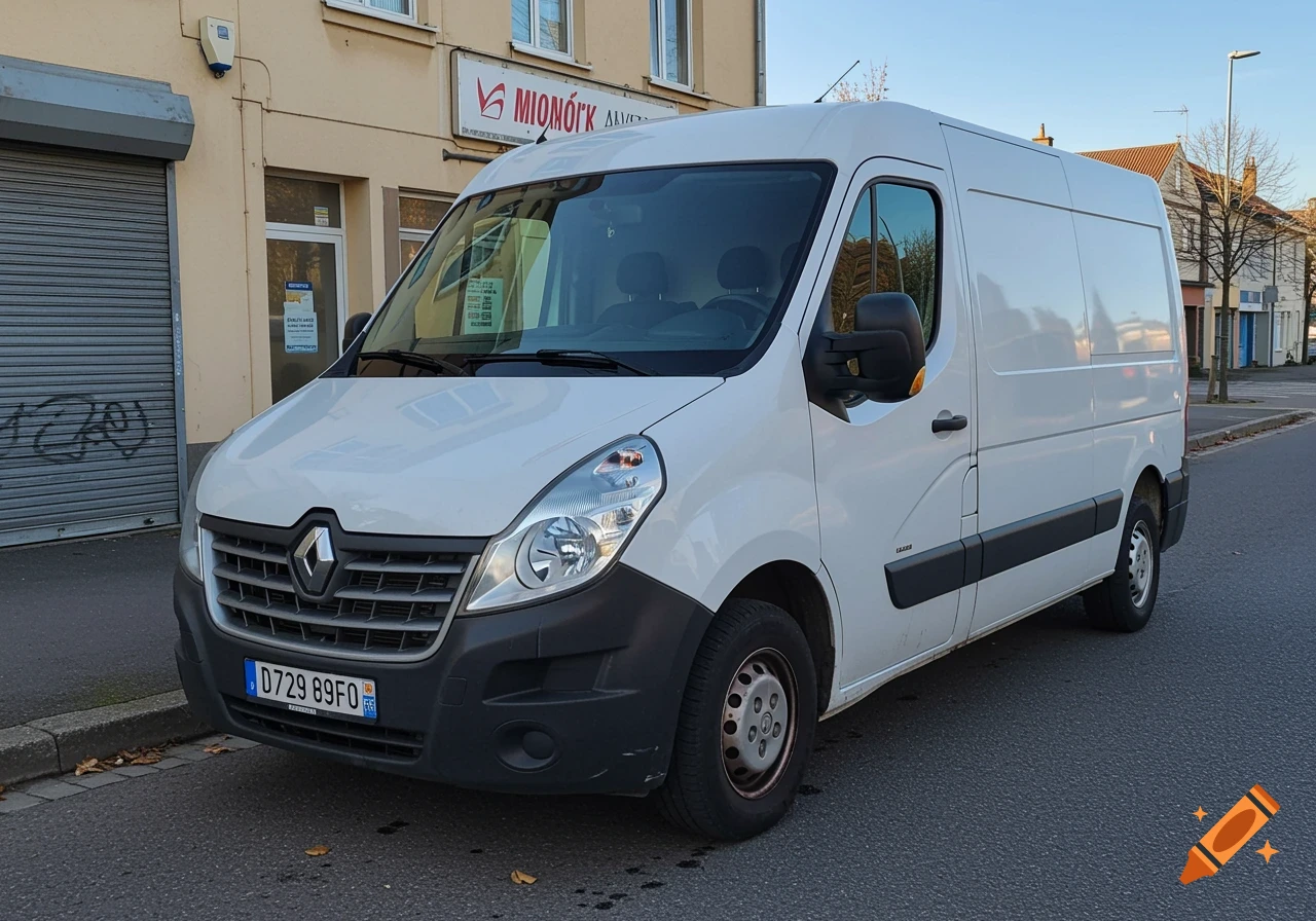 A white Renault Master van parked on a city street in front of a beige building with a gray roller shutter.