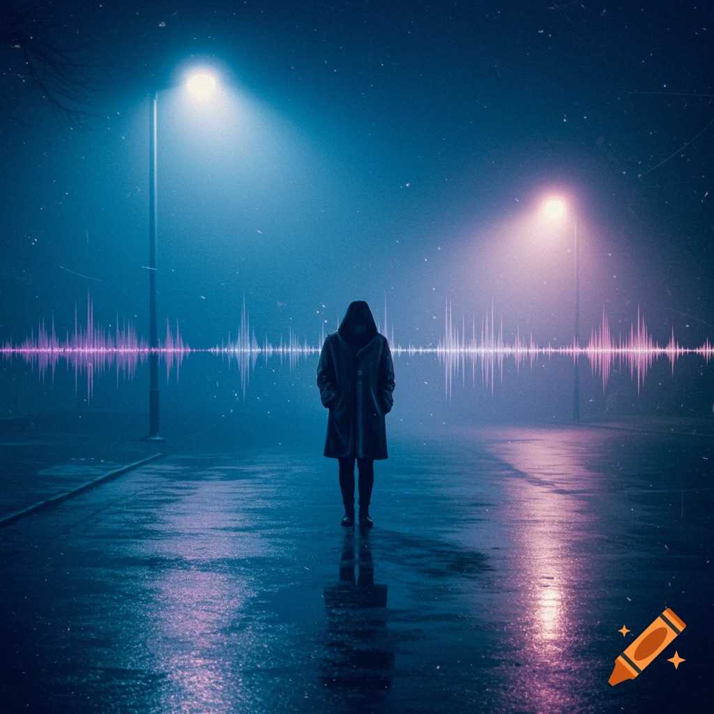 A solitary figure in a hooded coat stands on a wet street at night, under streetlights, with a vibrant pink and blue soundwave.