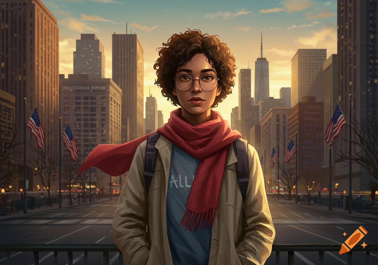 Digital art portrait of a young person with curly hair and glasses, wearing a red scarf, standing in a city with American flags at sunset.
