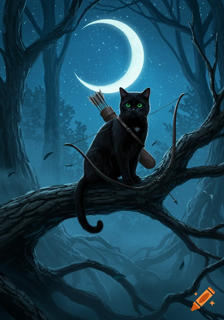 A black cat with glowing green eyes, wearing a quiver of arrows and holding a bow, sits on a tree branch under a crescent moon in a dark, mystical forest.