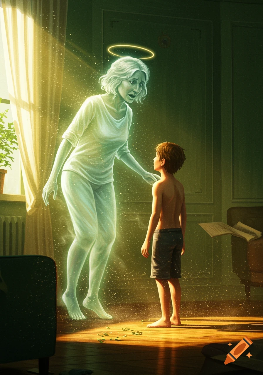 A glowing, ghostly woman with a halo reaches out to a young boy looking up at her in a dimly lit room with light streaming from a window, illustrated in a digital art style.