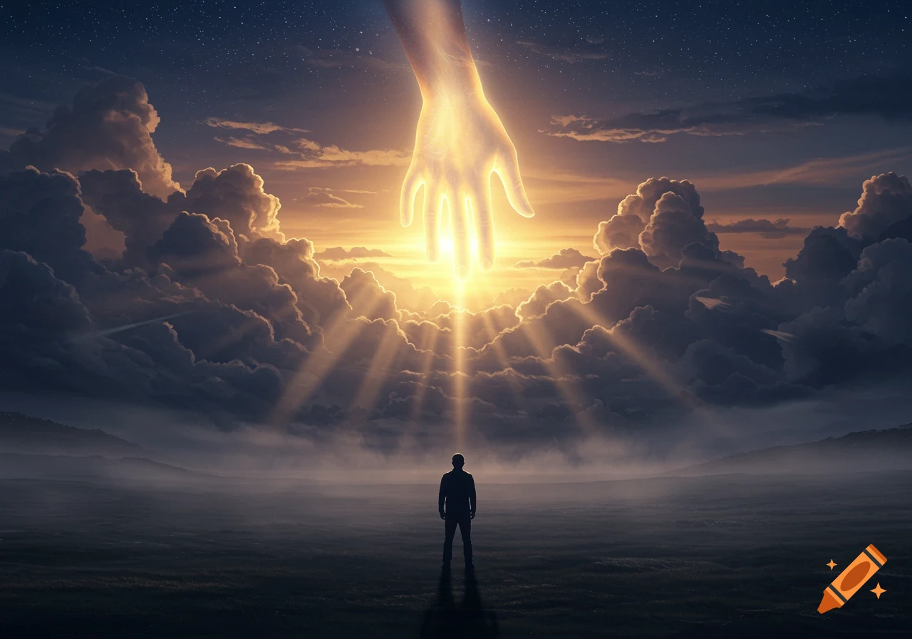 A silhouetted man stands in a misty landscape beneath a glowing hand descending from light-filled clouds in a starry sky.