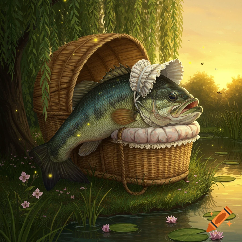 A whimsical illustration of a bass fish wearing a white bonnet and resting in a wicker bassinet by a pond at sunset, with willow trees and fireflies.
