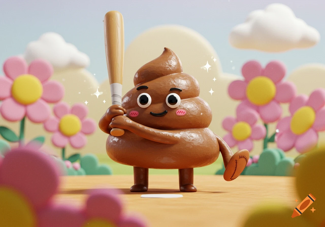 A cute 3D cartoon poop character holding a baseball bat in a whimsical field with pink flowers and clouds.