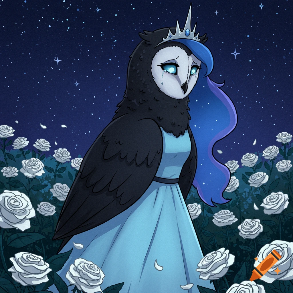 A crying black owl princess with blue hair, a tiara, and a pale blue dress, stands in a moonlit white rose garden in a stylized art style.