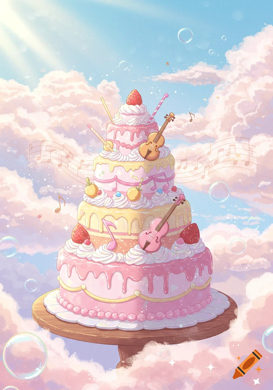 A whimsical, multi-tiered pastel cake adorned with violins and musical notes, floating amongst fluffy clouds and bubbles in a sunny sky, in an anime style.