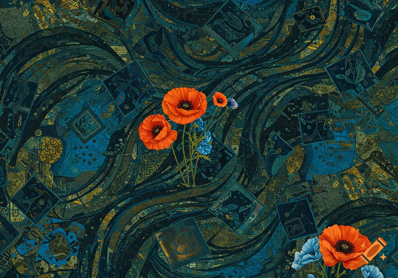 Vibrant orange poppies and blue flowers against an intricate teal, blue, and gold abstract background with square patterns, in the style of Klimt.