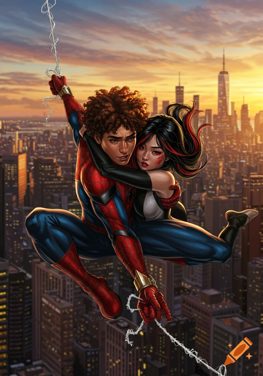 Spiderman with curly brown hair and mask off swings through a sunset city, holding a woman with black and red hair and a bruise, in a comic book style.
