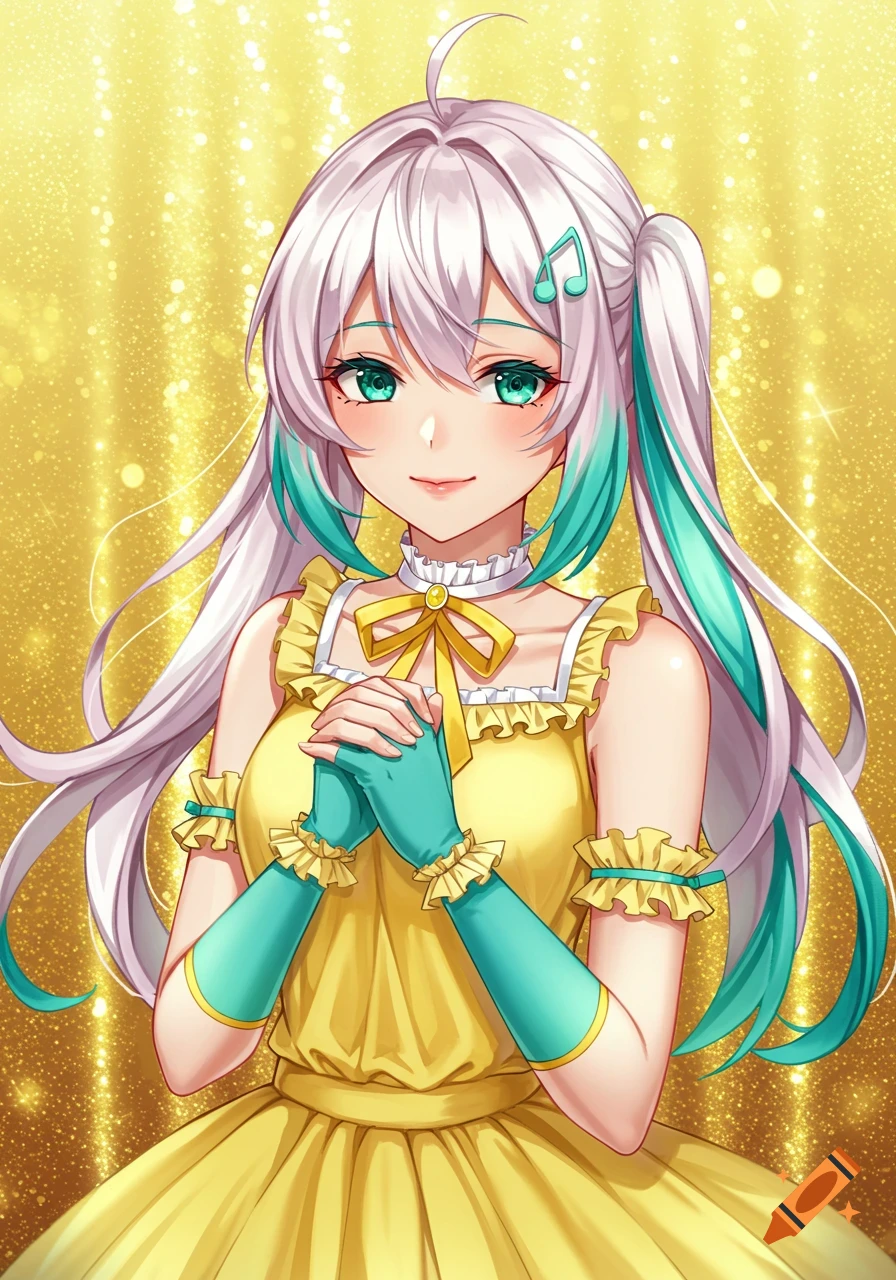 An anime girl with long platinum-blonde hair with teal streaks, teal eyes, wearing a yellow frilly dress and teal gloves, with hands clasped in front of a sparkly yellow background.