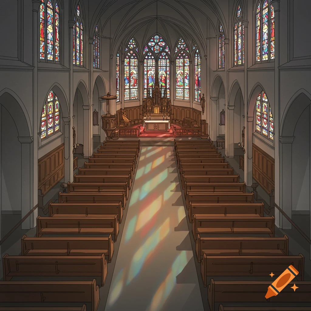 An empty church interior with rows of wooden pews, an ornate altar, and colorful stained glass windows casting light on the aisle in a stylized line art aesthetic.