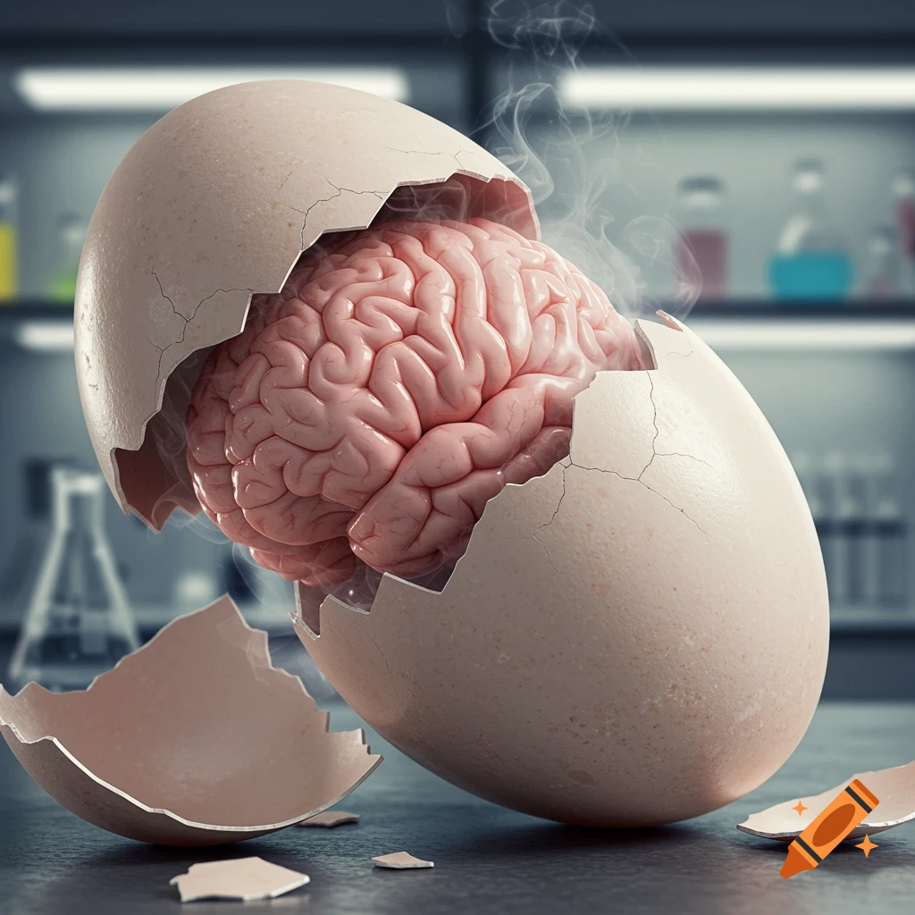 A photorealistic cracked egg with a brain emerging from the top, emitting steam in a laboratory setting.
