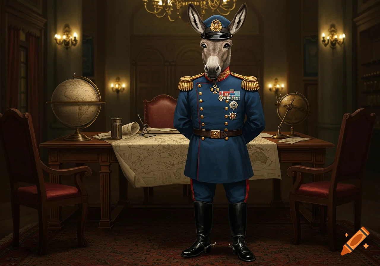 A photorealistic anthropomorphic donkey in a blue general's uniform stands in a grand study with a map-covered desk.