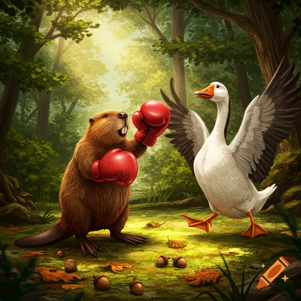A cartoon beaver in red boxing gloves punches a white goose with spread wings in a sunny forest.