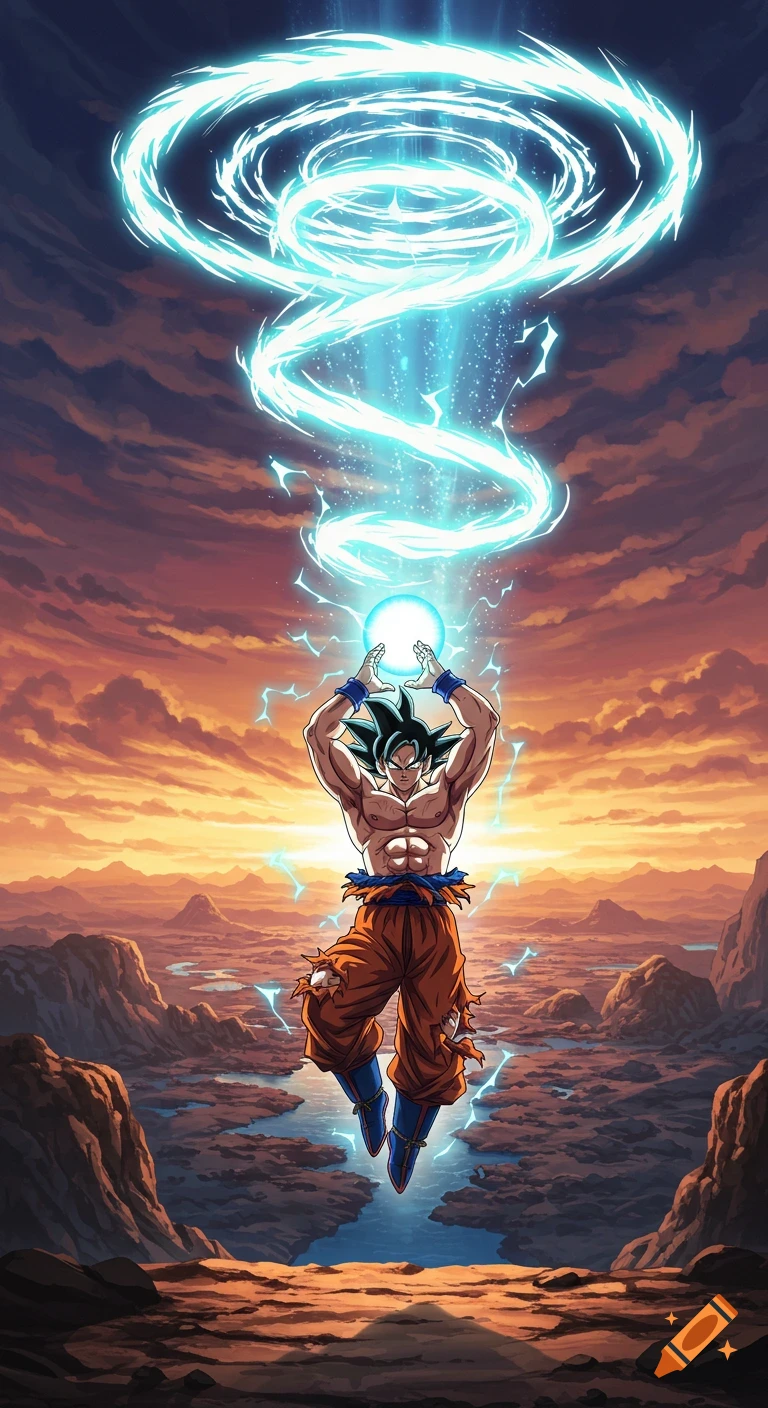 Goku, shirtless and muscular, levitates in a rocky, sunset landscape, channeling a massive blue energy sphere and swirling beam into the sky.
