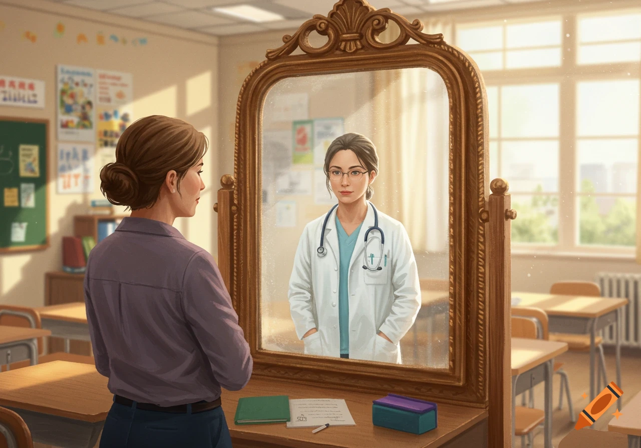 A woman in a classroom looks into an ornate mirror, seeing her reflection as a doctor in a white coat and stethoscope.