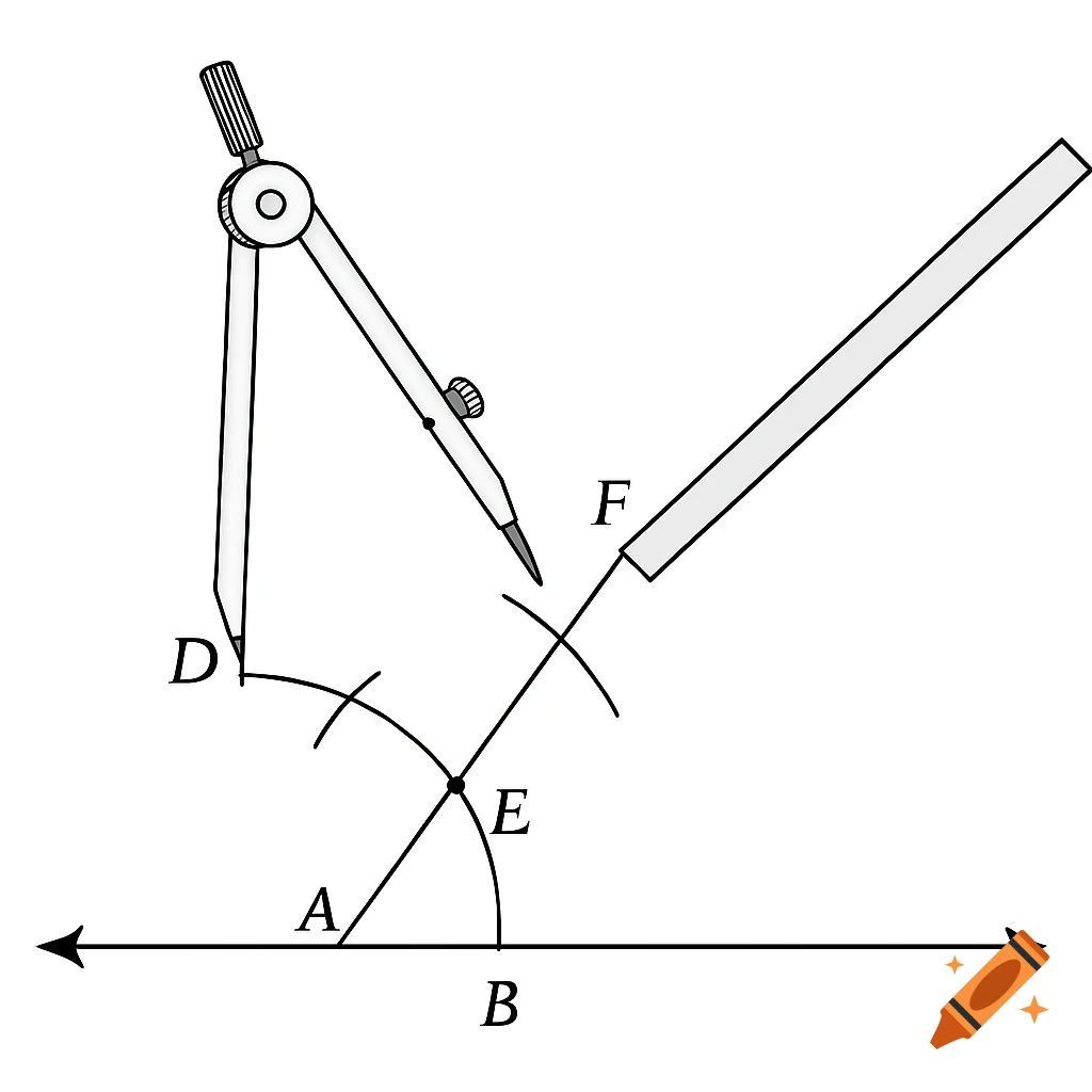 A black and white geometric diagram showing the construction of an angle bisector using a compass and straightedge, with points A, B, D, E, F labeled.