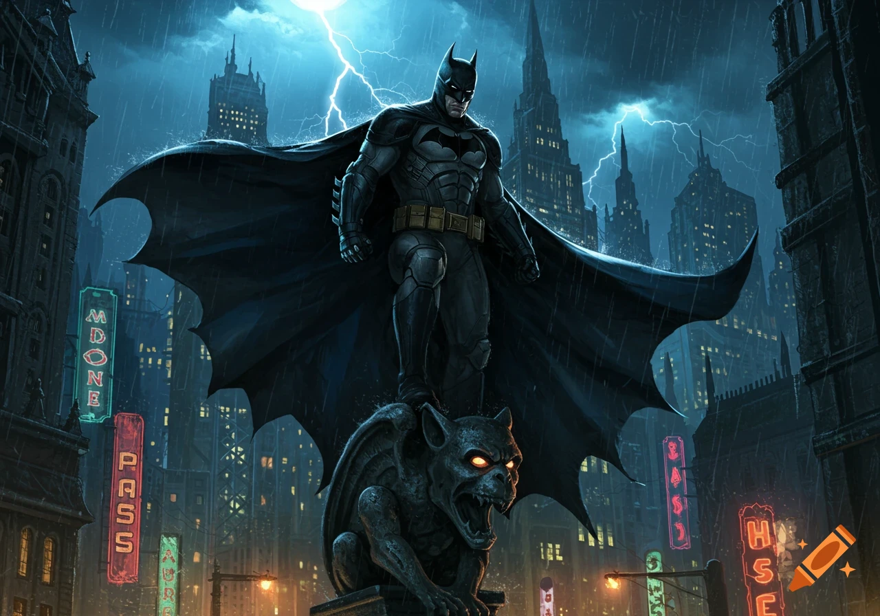 Batman stands atop a gargoyle on a gothic building in a rainy, lightning-storm lit city. Dark comic art style.