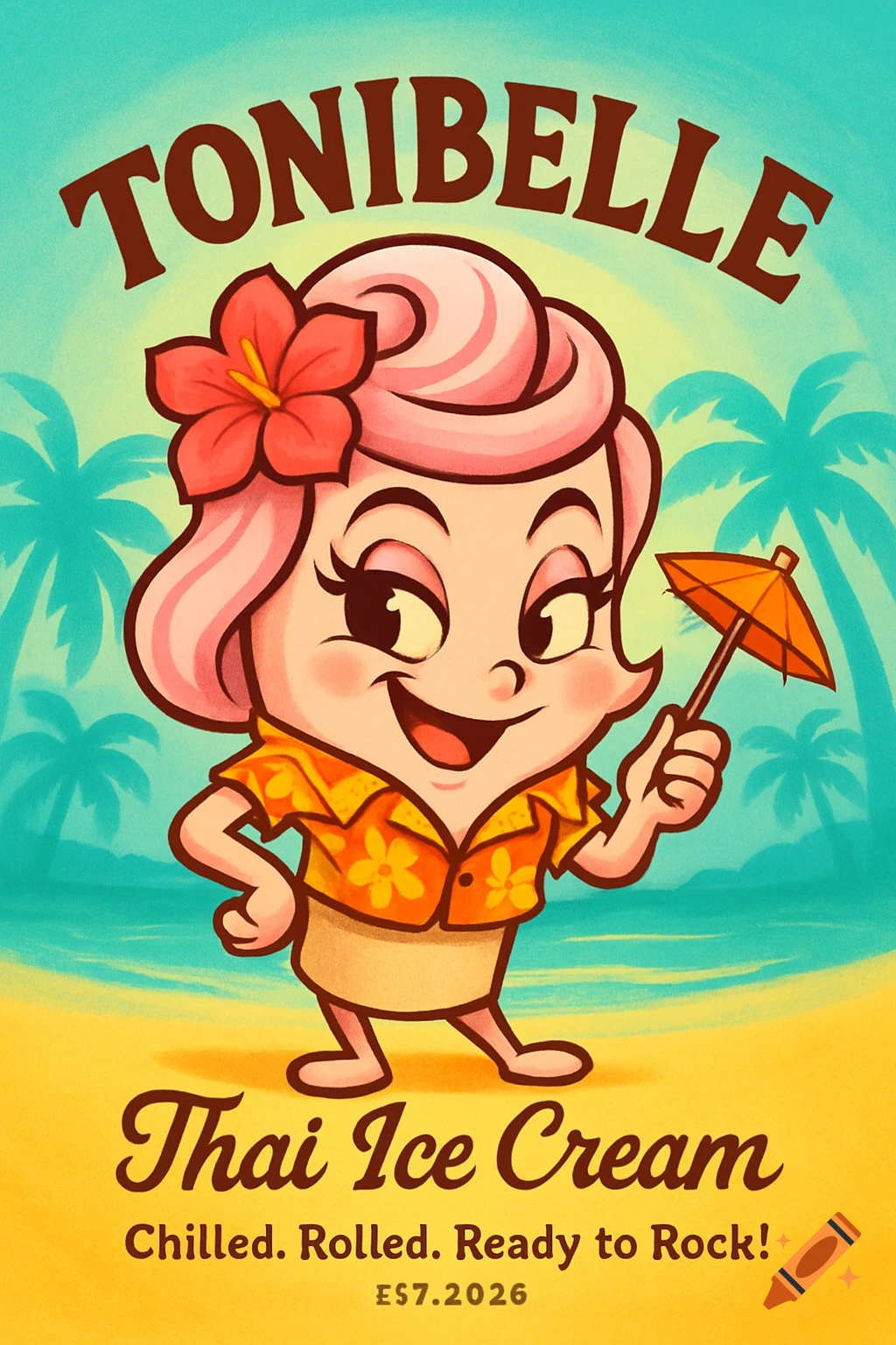 Cartoon girl character made of pink ice cream swirl, wearing a Hawaiian shirt and holding a parasol on a tropical beach. Text reads 'TONIBELLE Thai Ice Cream'.