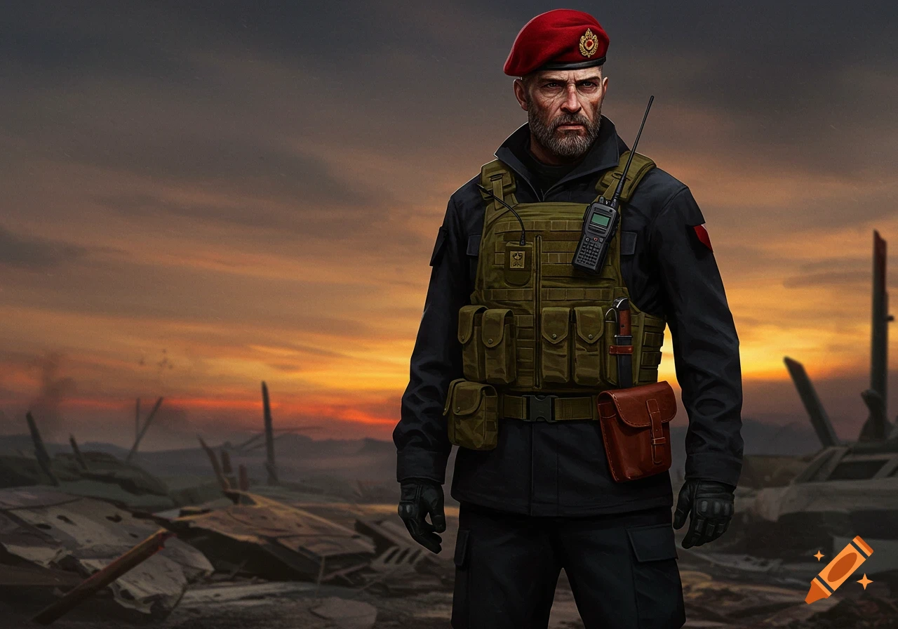 A grizzled Canadian soldier in a red beret, black uniform, and tactical vest stands in a ruined landscape at sunset.