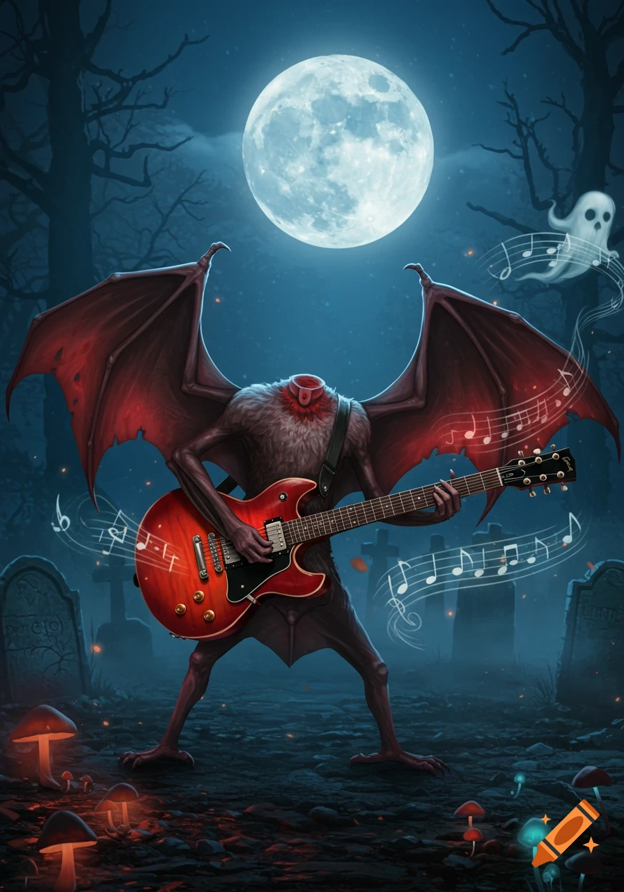 A headless bat creature plays a red electric guitar in a moonlit graveyard with glowing mushrooms and a ghost, digital art.