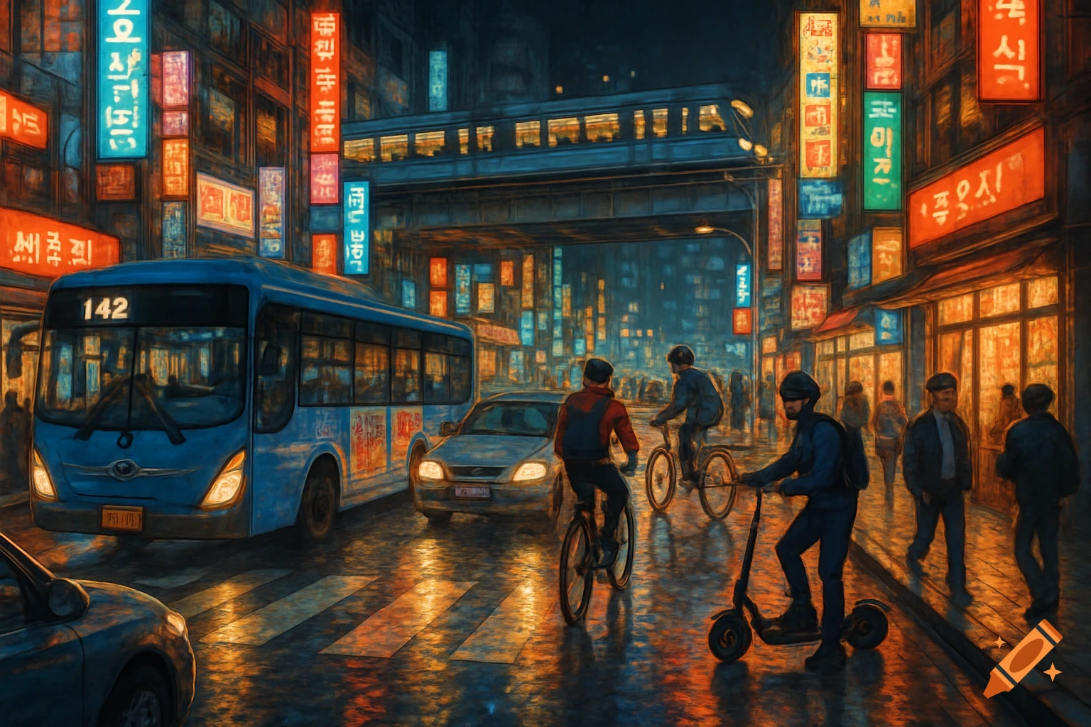 A vibrant, busy city street at night, painted in an impressionistic style. Neon signs illuminate tall buildings as a bus, cars, and people on bikes and a scooter navigate the wet street, reflecting the bright lights.