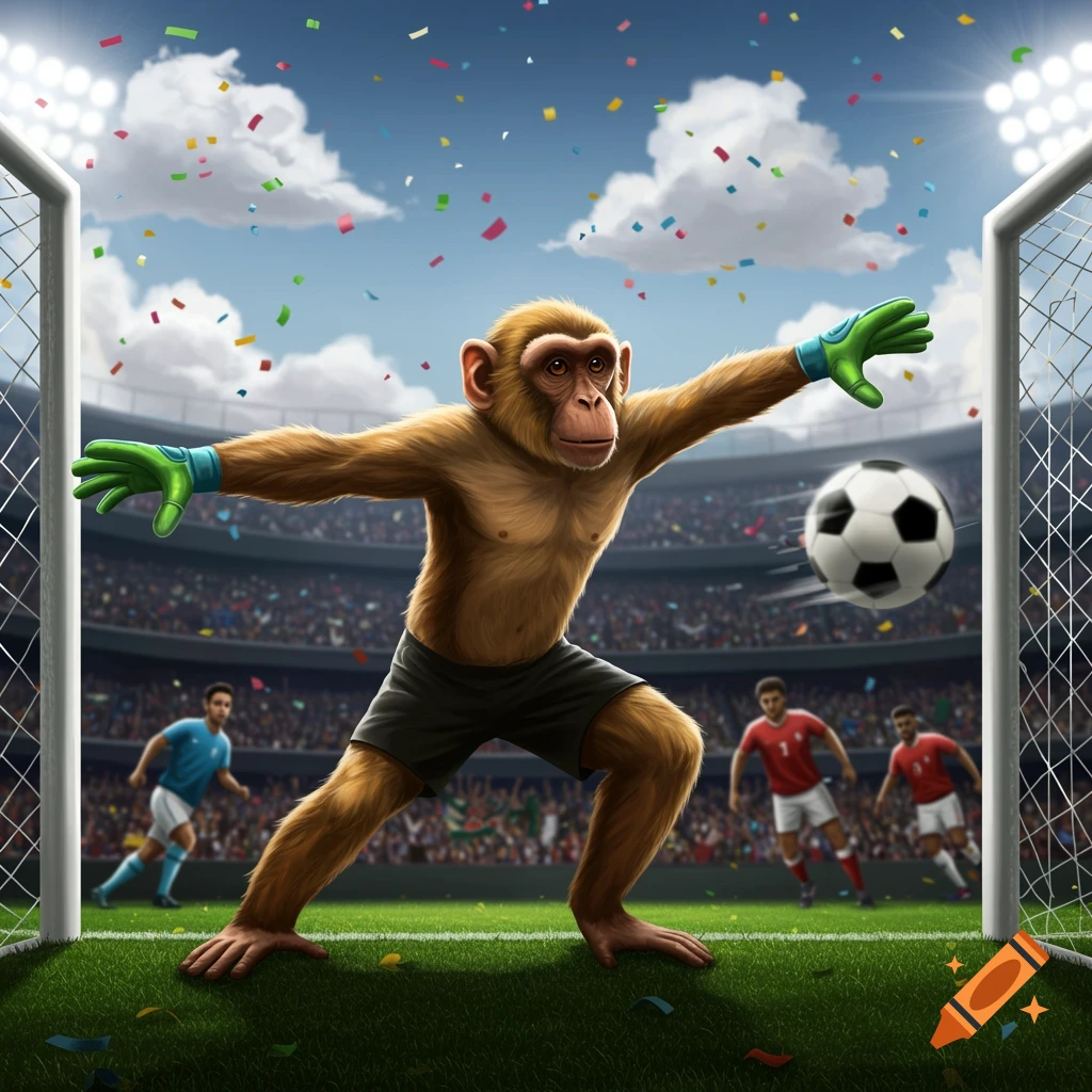 A monkey wearing goalie gloves attempts to save a soccer ball in a crowded stadium filled with confetti.