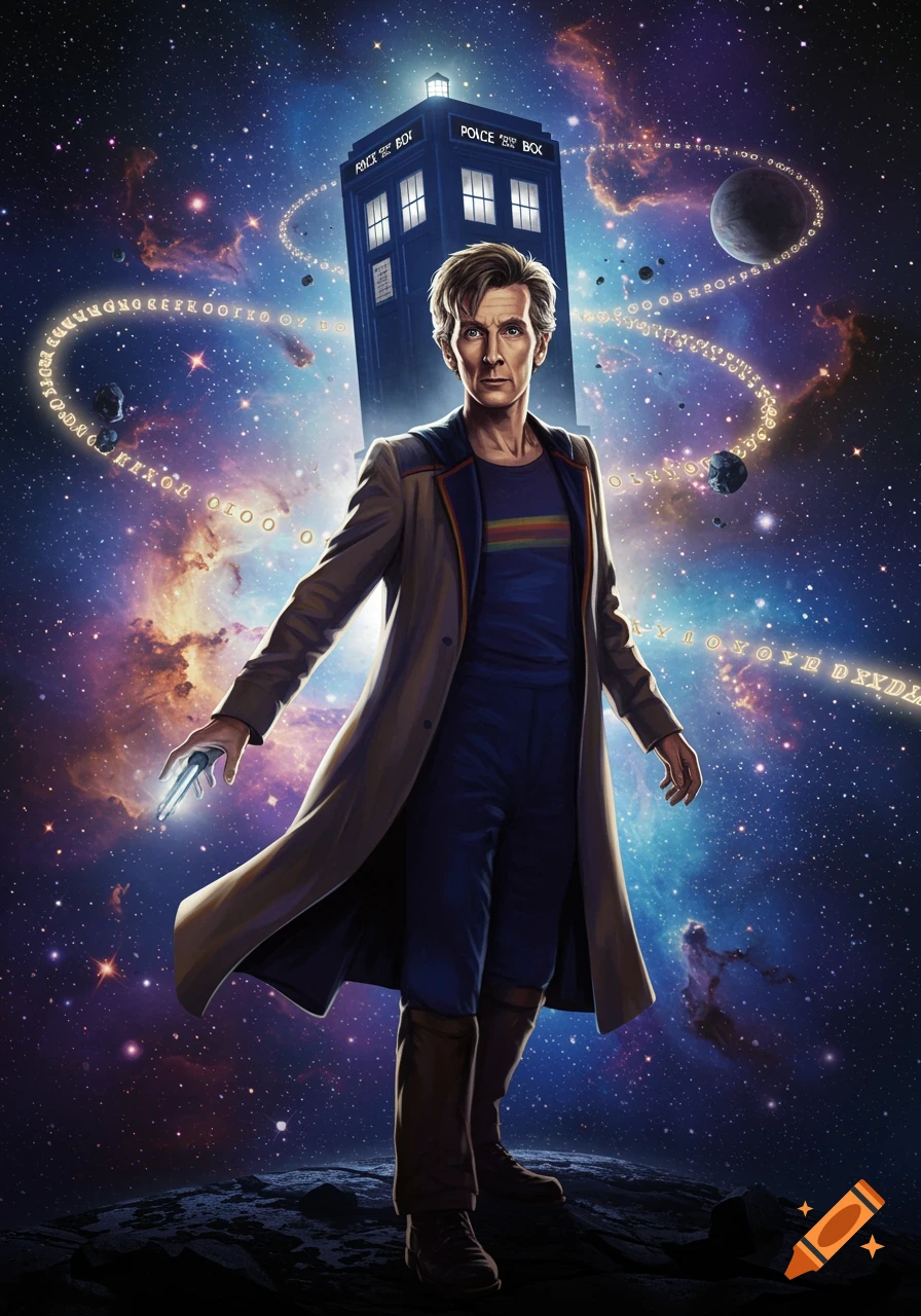 An illustration of the Tenth Doctor holding a sonic screwdriver, standing in space with his TARDIS behind him and glowing alien text swirling around.